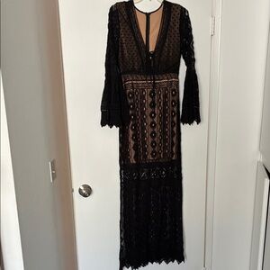 Jen’s Pirate Booty Elegant Black Boho Lace Maxi Dress XS bust 32” waist 26”